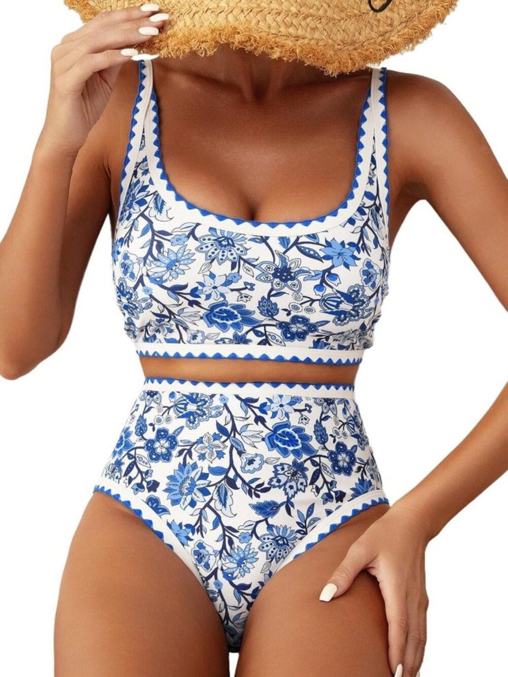Floral High Waisted Bikini Swimsuit with Whip Stitch Detail for Women